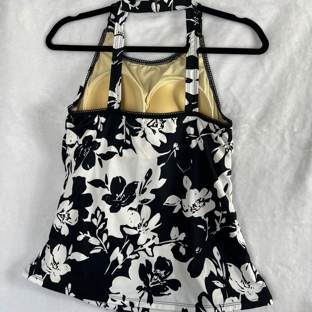 Susan Graver Tankini Top Womens 10 Black White Floral Halter Swimwear Swimsuit - Picture 8 of 11